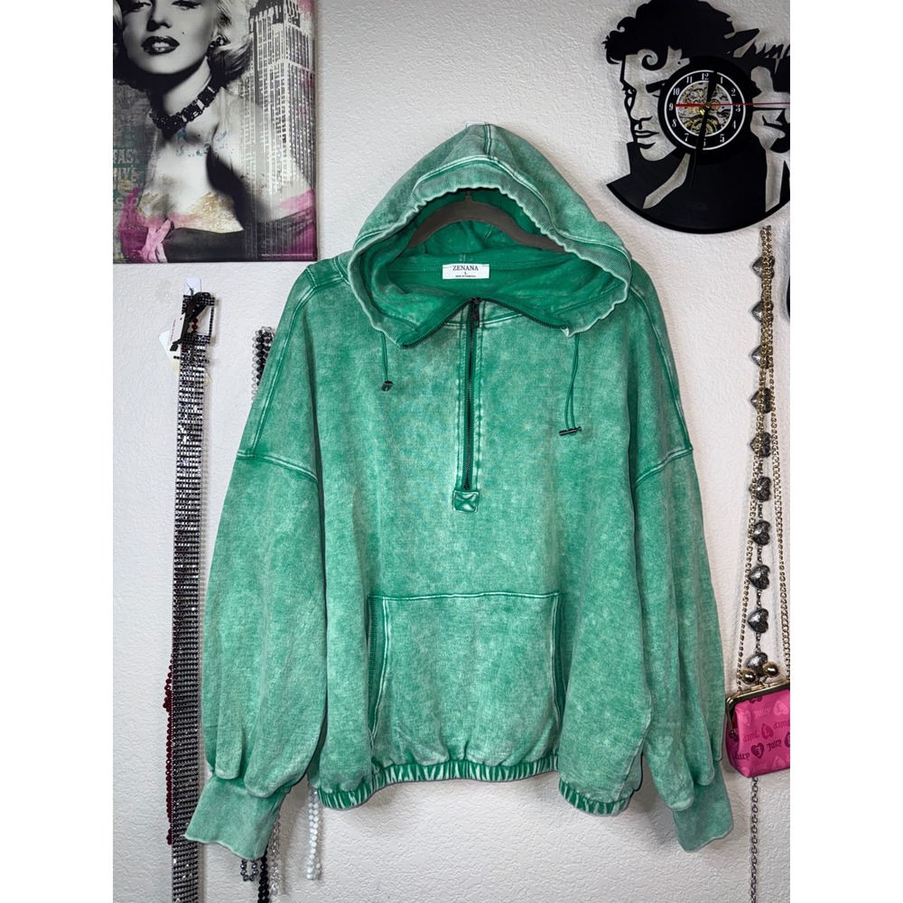 Zenana Hoodie Womens Large Green Acid Wash Half Zip Oversized Kangaroo Pocket